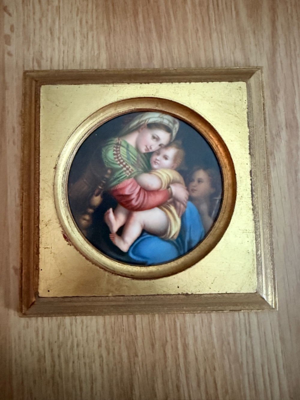 Mini Framed Madonna and Child Round Painting on Ceramic in Gold Frame
